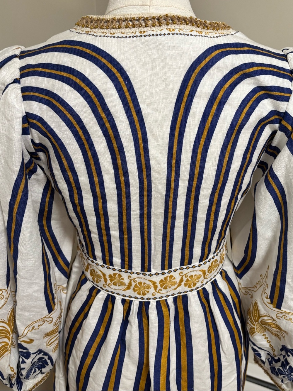 Farm Rio Pineapple Linen Midi Dress Blue Gold Embroidered Puff Sleeve Small NWT - Picture 12 of 14